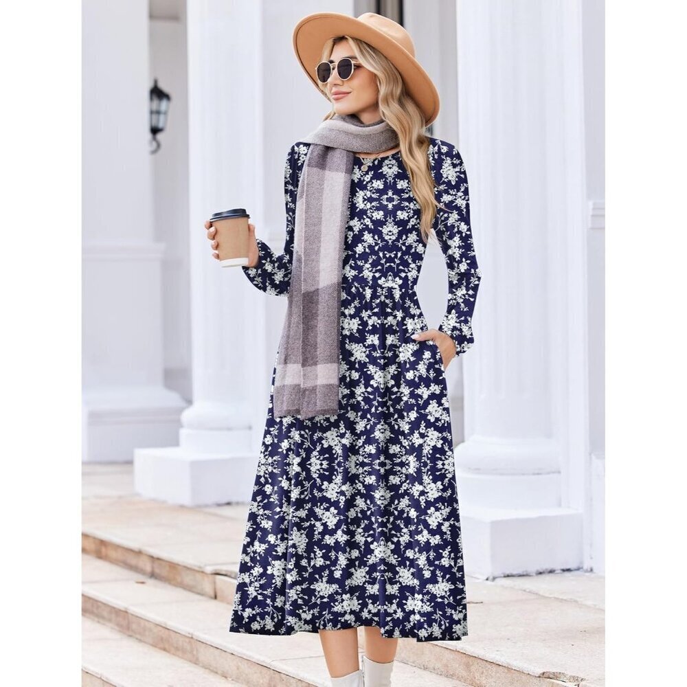 Zeagoo Women Blue Sprigs Long Sleeve Flowy A-Line Boho Long Dress with Pockets - Picture 3 of 6